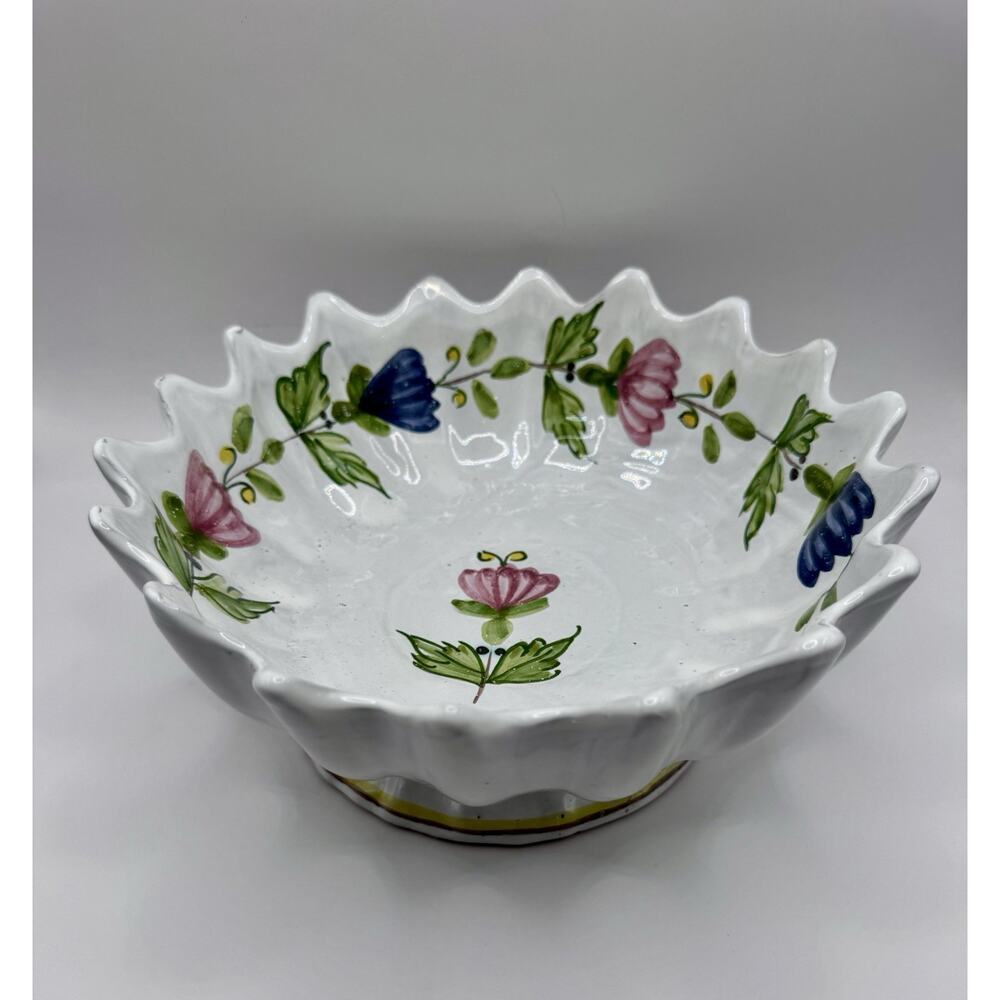 Italian Majolica Style Pedestal Bowl Scalloped Floral Ceramic Dish